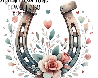Cowgirl Rustic Horseshoe Watercolor, Country Cowgirl Clipart PNG Commercial Use Sublimation Designs Country Girl Flowers Cowboy Valentine