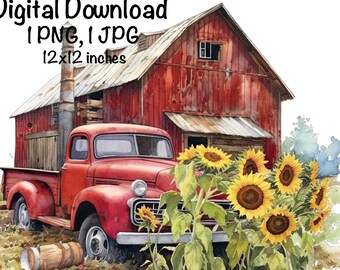 May include: A red vintage pickup truck parked in front of a red barn with a weathered wood door. The truck is surrounded by a field of sunflowers with yellow petals and brown centers. The image has a watercolor effect.