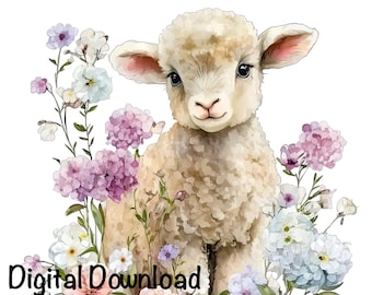 Cute Baby Lamb Watercolor Clipart Lamb Spring Daisy Flowers PNG Commercial Use Baby Farm Lamb Graphic Design Baby Shower Illustration Print