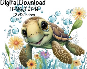 Zeeschildpad, schattige zeeschildpad clipart Oceaan dieren zeeschildpad PNG zeeschildpad water bubbels bloemen sublimatie afdrukbare onder de zeeschildpad