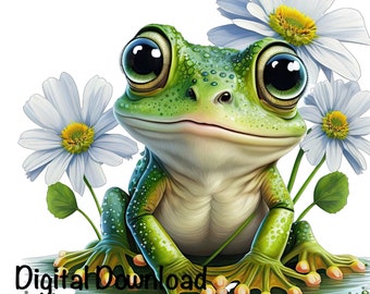 Frog, Cute Frog clipart, Woods Forest Animals Frog PNG, Frog Daisy Flowers Water Lilies Sublimation Frog Printable Cute Aquatic Animals