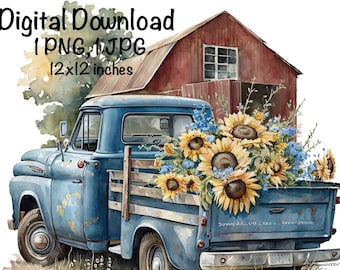 Rustic Blue Farm Truck Barn Sunflowers Rustic Truck Country Sublimation Design Old Farm Truck PNG Commercial Use Clipart Farmer Barnyard