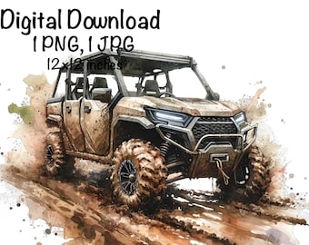 May include: A watercolor illustration of a brown off-road vehicle driving through mud. The vehicle has a roll cage and a black front bumper. The background is a watercolor wash of brown and white.