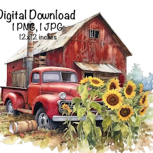 Rustic Red Farm Truck Barn Sunflowers Rustic Truck Country Farm Sublimation Design Old Farm Truck PNG Commercial Use Clipart Farmer Barnyard
