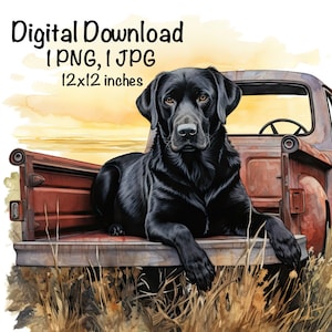 Labrador Dog Red Truck Watercolor Clipart Cute Black Lab Dog in a Farm Truck PNG Commercial Use Duck Hunting Lab Dog Illustration Hunter PNG