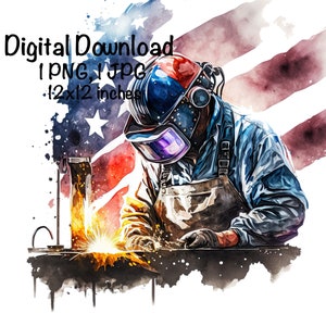 May include: A watercolor illustration of a welder wearing a welding mask and welding gear, working on a piece of metal. The background is a watercolor American flag.