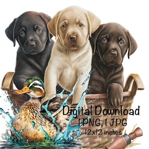 May include: Three Labrador Retriever puppies, one yellow, two brown, are sitting in a wooden boat with a duckling swimming in the water. The boat is surrounded by water and splashes. The text "Digital Download PNG, JPG 12x12 inches" is below the boat.