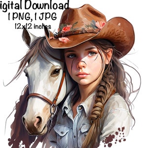 Cowgirl Horse Watercolor Country Cowgirl Clipart PNG Commercial Use Sublimation Designs Country Girl & Horse Watercolor Illustration PNG JPG