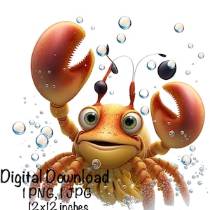 May include: A cartoon lobster with orange and yellow colouring, with large eyes and a wide smile, is surrounded by blue bubbles. The lobster is waving its claws in the air. Digital Download 1 PNG, 1 JPG 12x12 inches