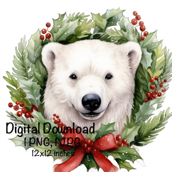 Christmas Polar Bear PNG Sublimation Design, Merry Christmas Png, Christmas Animal Png, Polar Bear Christmas Wreath Png, Digital Download