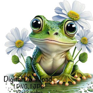 Frog, Cute Frog clipart, Woods Forest Animals Frog PNG, Frog Daisy Flowers Water Lilies Sublimation Frog Printable Cute Aquatic Animals