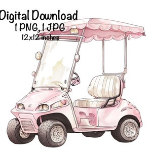 ゴルフカートの水彩画、ピンクのゴルフカートのスポーツガールのクリップアート、保育園のゴルファーのPNG、商用利用の乗り物、車、ゴルフカートのPNGイラスト、ゴルフクラブ