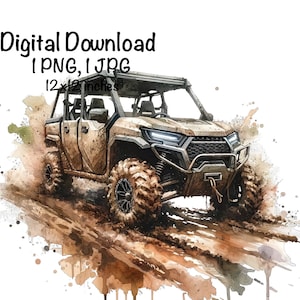 May include: A watercolor illustration of a brown off-road vehicle driving through mud. The vehicle has a roll cage and a black front bumper. The background is a watercolor wash of brown and white.
