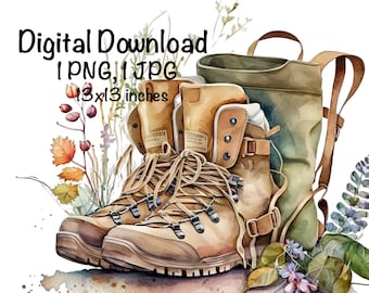 Bottes de randonnée aquarelle randonnée randonnée nature clipart PNG usage commercial sublimation randonnée montagne automne dessins randonneur illustration aquarelle