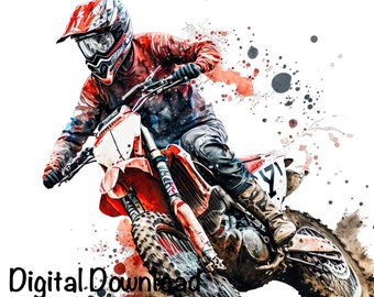 Motocross Watercolor, Red Motocross Bike Boys Clipart Off-Road Motorcycle PNG Commercial Use Racing Motocross PNG Watercolor Illustration