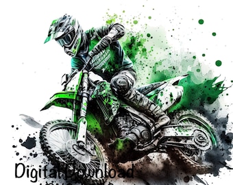 Motocross Watercolor, Green Motocross Bike Boys Clipart Off-Road Motorcycle PNG Commercial Use Racing Motocross PNG Watercolor Illustration