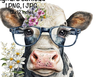 Cute Dairy Cow & Glasses Watercolor Clipart Cow Spring Flowers PNG Commercial Use Farm Cow Graphic Design Illustration Print Funny Cow PNG