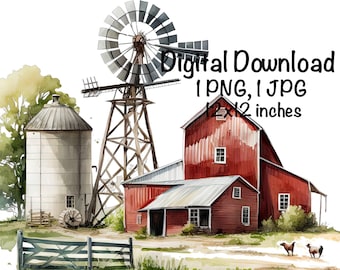 Old Farm Barn Watercolor Red Barn Farm Windmill Clipart Wall Art Old Rustic Barn Portrait PNG Commercial Use Farming Farmer PNG Illustration