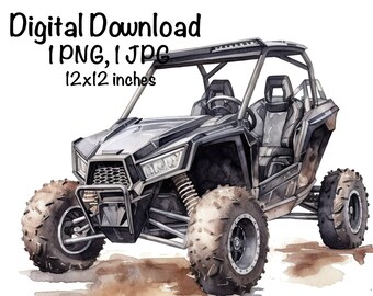 UTV Watercolor, Black Utility Task Vehicle Boys Clipart Off-Road Motorcycle PNG Commercial Use Racing ATV Outdoor Watercolor Illustration