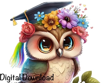 Graduation Owl Clipart Grad Student Owl PNG College Graduation Sublimination, Graduation Cap Grad Rainbow Owl Flowers Graduate Printable