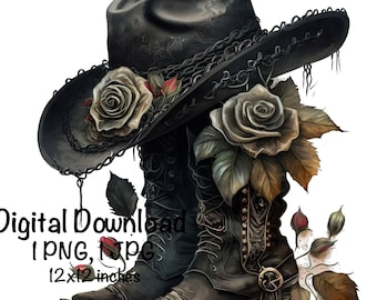 Gothic Cowboy Boots Watercolor Country Cowboy Cowgirl Hat Clipart PNG Commercial Use Sublimation Gothic Rose Flowers Western Fashion Print