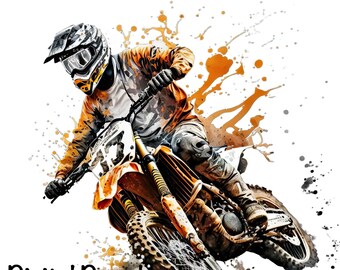 Motocross Watercolor, Orange Motocross Bike Boys Clipart Off-Road Motorcycle PNG Commercial Use Racing Motocross PNG Watercolor Illustration
