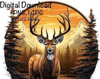 May include: A digital download of a 12x12 inch image featuring a brown deer with large antlers standing in a forest setting. The background includes a sunset, mountains, and pine trees.