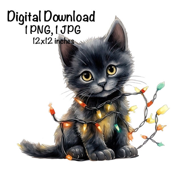 Christmas Black Cat PNG Sublimation Design, Merry Christmas Png, Christmas Animal Png, Funny Cat Tangled Lights Cat Png, Digital Download