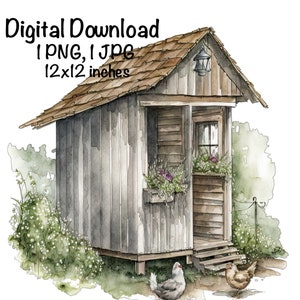 Rustic Old Chicken Coop Watercolor Farm Chicken Coop Clipart Wall Art Chicken Coop Portrait PNG Commercial Use Farming Farmer Illustration
