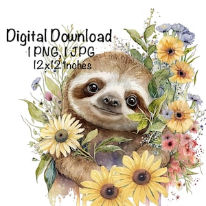Cute Sloth Clipart Sloth & Spring Flowers PNG Commercial Use Sloth Graphic Design Animals Clipart Portrait Watercolor Illustration Print