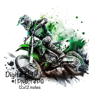 Motocross Aquarell, grüne Motocross Bike Jungen Clipart Off-Road Motorrad PNG Kommerzielle Nutzung Racing Motocross PNG Aquarell Illustration