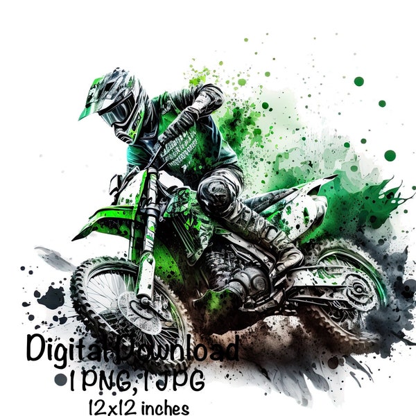 Motocross Watercolor, Green Motocross Bike Boys Clipart Off-Road Motorcycle PNG Commercial Use Racing Motocross PNG Watercolor Illustration