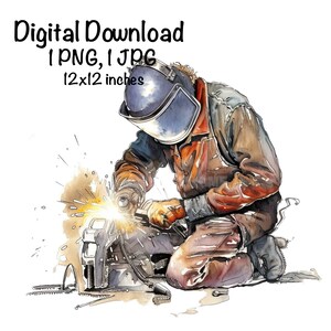 May include: A watercolor illustration of a welder wearing a blue welding helmet and brown work clothes, kneeling and welding a metal object. Sparks are flying from the welding torch.