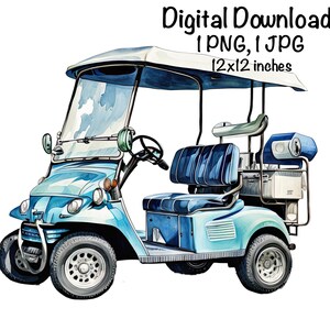 ゴルフカート水彩画、青いゴルフカートスポーツ男の子クリップアート保育園ゴルファーPNG商用利用車両車ゴルフカートPNGイラストゴルフクラブ