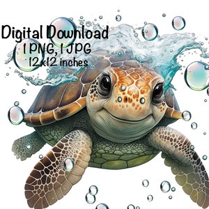 Sea Turtle, Cute Sea Turtle clipart, Ocean Animals Sea Turtle PNG, Sea Turtle Water Bubbles Sublimation Turtle Wall Art Printable Sea Turtle