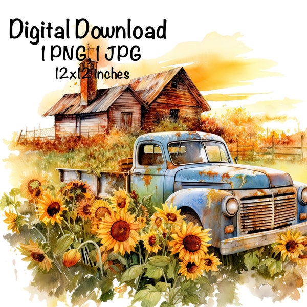 Rustic Blue Farm Truck Barn Sunflowers Autumn Rustic Truck Country Farm Sublimation Sunset Farm Truck PNG Fall Season PNG Farmer Barnyard