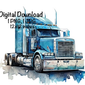 Blue Semi Truck Watercolor Flat Bed Trucks Boys Clipart Nursery Décor Excavator Truck PNG Commercial Use Vehicle Car Watercolor Illustration