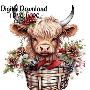 Highland Cow aquarel clipart Highland Cow kerst bloemen vakantie PNG commercieel gebruik Schotse koe afbeelding PNG XMas afbeelding afdrukken