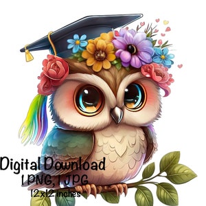 Graduation Owl Clipart Grad Student Owl PNG College Graduation Sublimination, Graduation Cap Grad Rainbow Owl Flowers Graduate Printable
