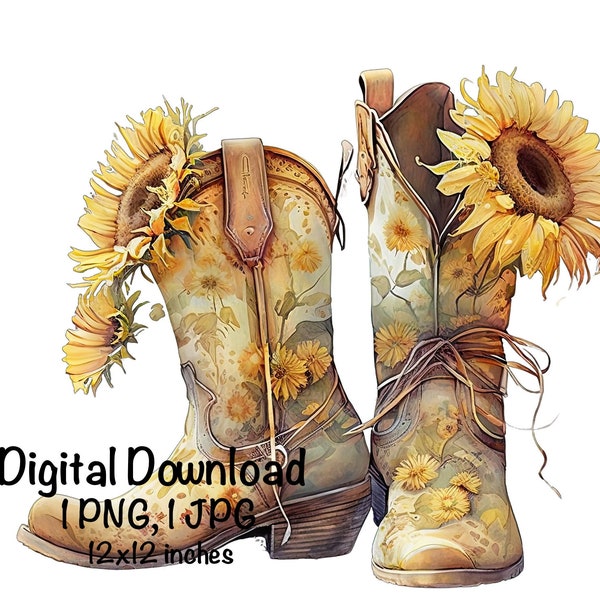 Cowgirl Boots & Sunflowers Watercolor Country Cowboy Clipart PNG Commercial Use Sublimation Designs Country Flowers Watercolor Illustration