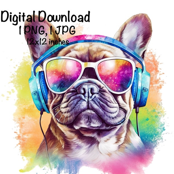 French Bulldog Dog PNG Summer Sublimation Bulldog Watercolor png Dog Sunglasses & Headphones Funny PNG Beach Sublimation Digital Download