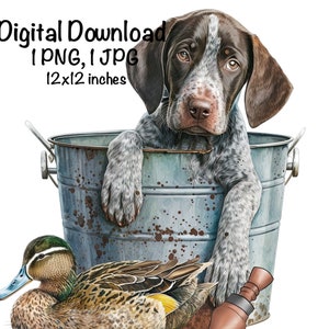 May include: Digital download image of a German Shorthaired Pointer puppy in a metal bucket. A duck and a duck call are next to the bucket. The image is 12x12 inches.