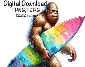 Surfing Bigfoot PNG, Bigfoot Sublimation, Surfer Sublimation, Sasquatch Squatch Clipart, Digital Download, Mythical Creature, Forest Animal