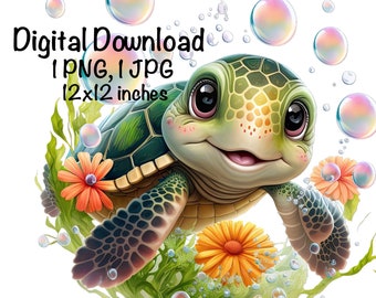 Sea Turtle, Cute Sea Turtle clipart, Ocean Animals Sea Turtle PNG, Sea Turtle Water Bubbles Flowers Sublimation Turtle Printable Sea Turtle