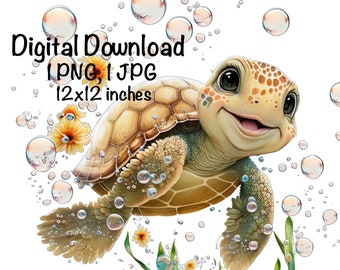 Sea Turtle, Cute Sea Turtle clipart, Ocean Animals Sea Turtle PNG, Sea Turtle Water Bubbles Flowers Sublimation Turtle Printable Sea Turtle