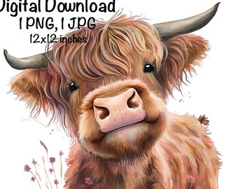Highland Cow Watercolor Clipart Cute Highland Cow Funny Baby Cow PNG Commercial Use Scottish Cow Graphic Design Illustration Print PNG