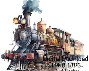 Steam Train Watercolor, Locomotive Train Boys Clipart Nursery Décor Tracks Trains PNG Commercial Use Train Driver Watercolor Illustration