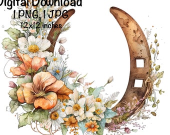 Cowgirl Rustic Horseshoe Watercolor, Country Cowgirl Clipart PNG Commercial Use Sublimation Designs Country Girl Flowers Cowboy Illustration