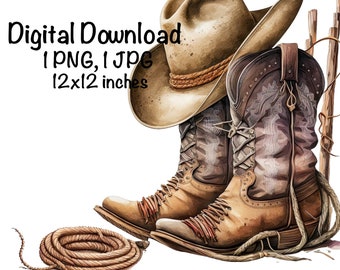 Cowboy Rodeo Boots & Hat Watercolor, Country Cowboy Clipart PNG Commercial Use Sublimation Designs Country Boy Watercolor Illustration PNG