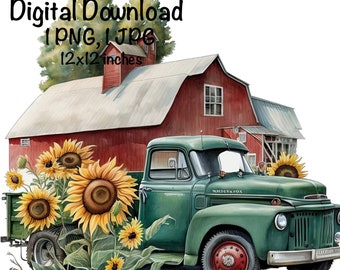 Rústico Verde Fazenda Caminhão Celeiro Girassóis Caminhão Velho País Fazenda Sublimação Design Antigo Caminhão Fazenda PNG Uso Comercial Clipart Farmer Barnyard